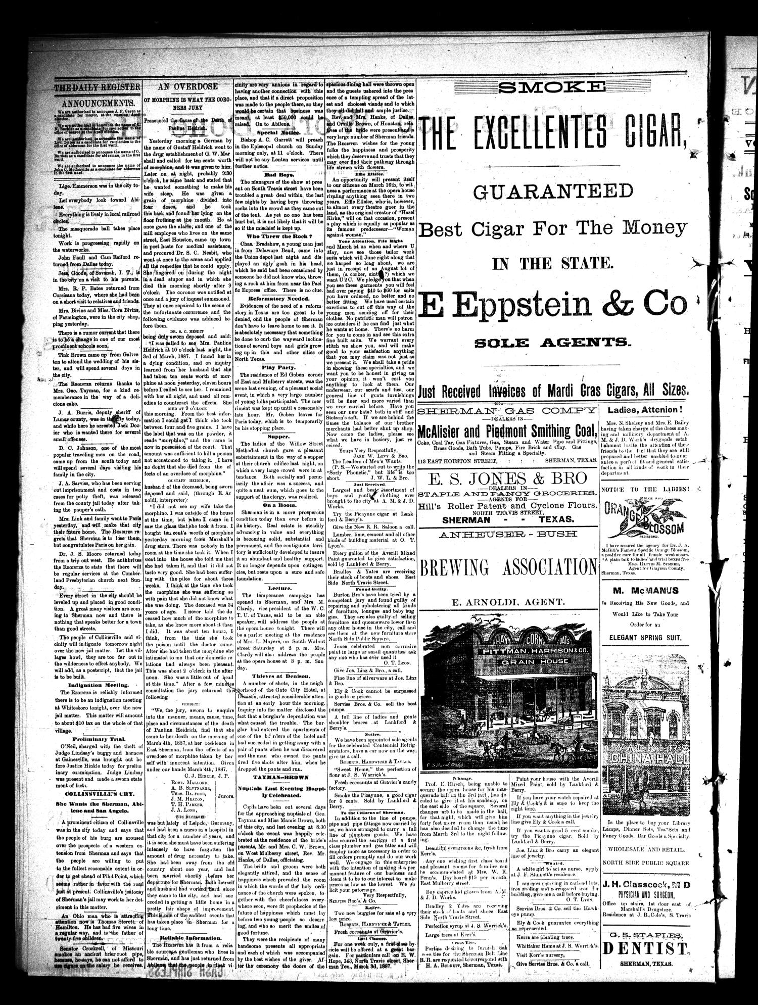 Sherman Daily Register (Sherman, Tex.), Vol. 2, No. 86, Ed. 1 Friday, March 4, 1887
                                                
                                                    [Sequence #]: 4 of 4
                                                