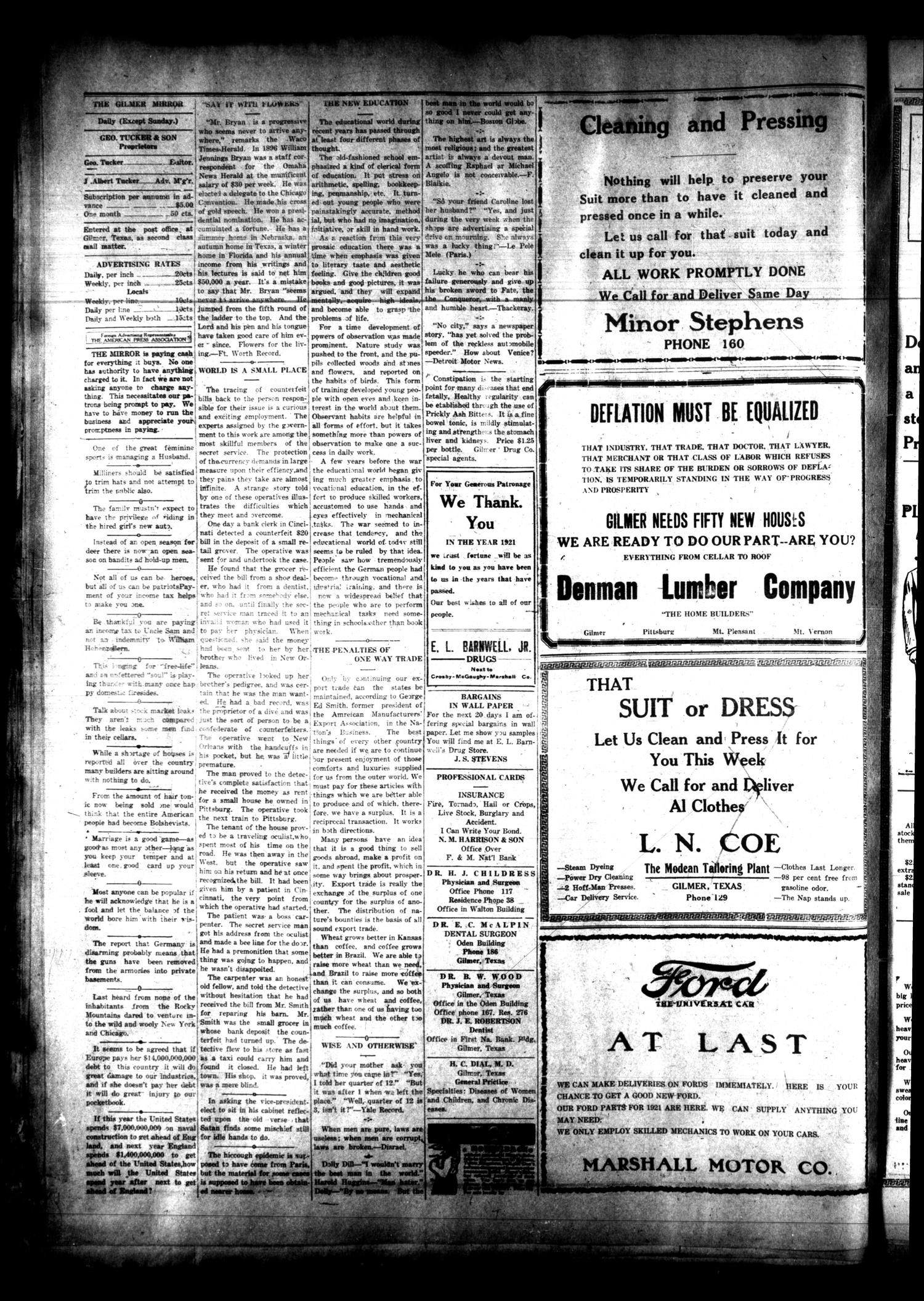 Gilmer Daily Mirror (Gilmer, Tex.), Vol. 5, No. 252, Ed. 1 Thursday, January 13, 1921
                                                
                                                    [Sequence #]: 2 of 8
                                                