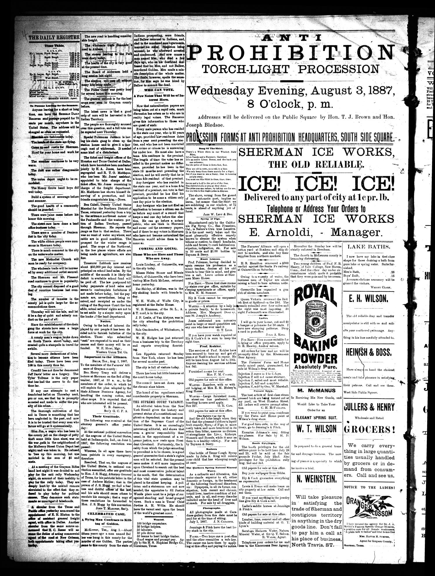Sherman Daily Register (Sherman, Tex.), Vol. 2, No. 215, Ed. 1 Tuesday, August 2, 1887
                                                
                                                    [Sequence #]: 4 of 4
                                                