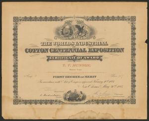 [Certificate of Award: Best Exhibition of Grape Vines, 1885]