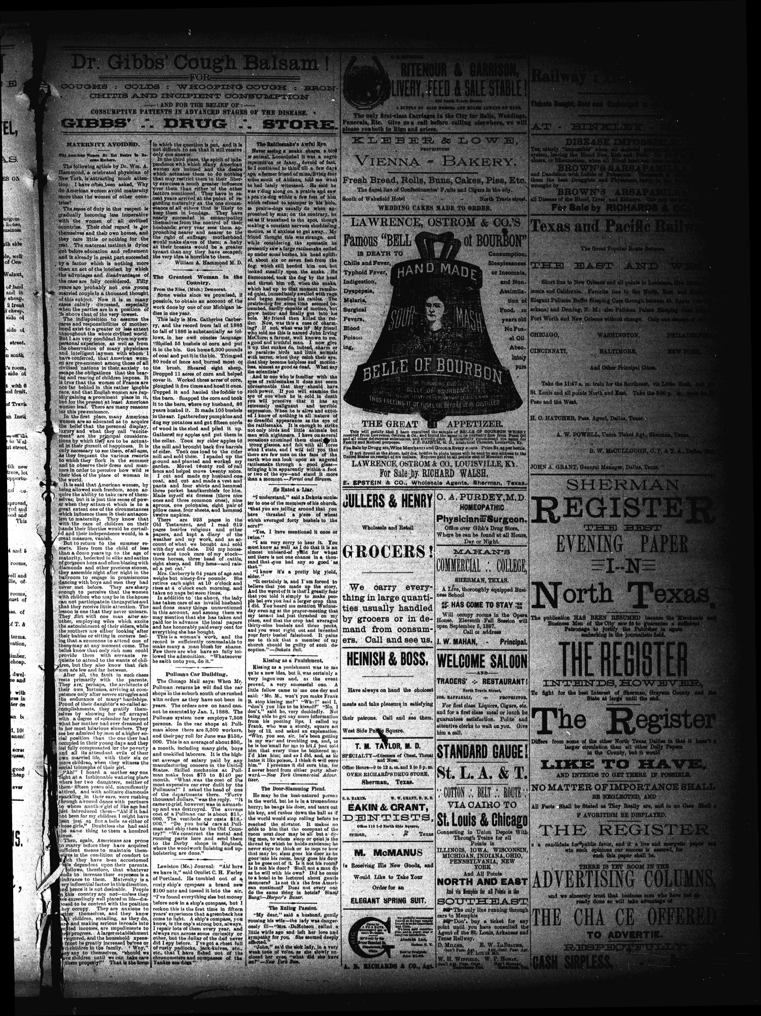 Sherman Daily Register (Sherman, Tex.), Vol. 2, No. 300, Ed. 1 Wednesday, November 9, 1887
                                                
                                                    [Sequence #]: 3 of 4
                                                
