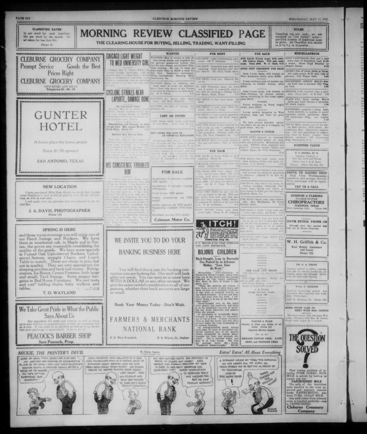 Cleburne Morning Review (Cleburne, Tex.), Ed. 1 Wednesday, May 11, 1921
                                                
                                                    [Sequence #]: 6 of 8
                                                