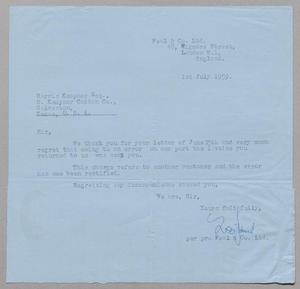 [Letter from Peal & Co. to Harris L. Kempner, July 1, 1959]