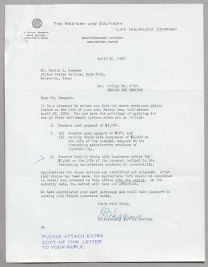 [Letter from J. F. Higgins to Harris Leon Kempner,  April 22, 1959]
