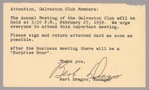 [Postal Card from Bert Dragoo of Galveston Club to Harris Leon Kempner, February 24, 1959]