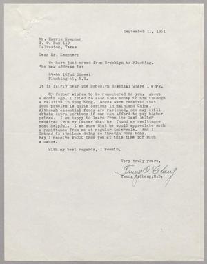 Primary view of object titled '[Letter from Tsung O. Cheng to Harris Leon Kempner, September 11, 1961]'.