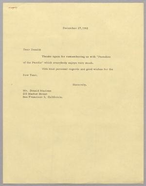 [Letter from Harris Leon Kempner to Donald Maclean, December 27, 1962]
