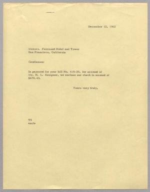 [Letter from T. E. Taylor to Messrs. Fairmont Hotel and Tower, December 12, 1962]