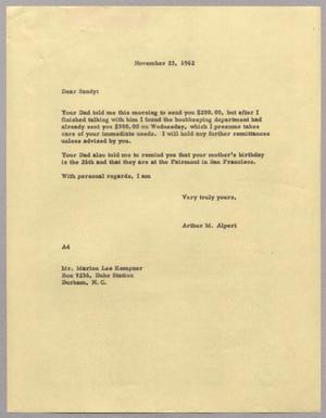 [Letter from Arthur M. Alpert to Sandy, November 23, 1962]