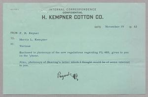 [Message from F. H. Rayner to Harris L. Kempner, November 19, 1962]