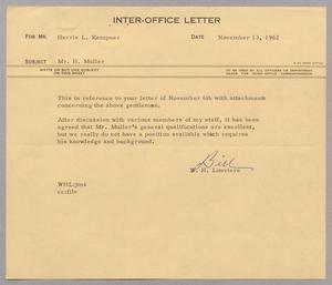 [Inter-Office Letter from Harris Leon Kempner to W. H. Louviere, November 13, 1962]