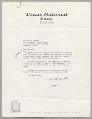 [Letter from Isaac Herbert Kempner, III to Harris Leon Kempner, November 9, 1962]