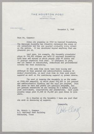 [Letter from Oveta Culp to Harris L. Kempner, November 2, 1962]