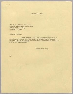[Letter from Harris L. Kempner to R. L. Debner, October 15, 1962]