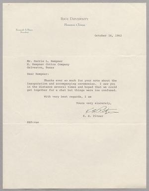 [Letter from K. S. Pitzer to Harris Leon Kempner, October 1, 1962]