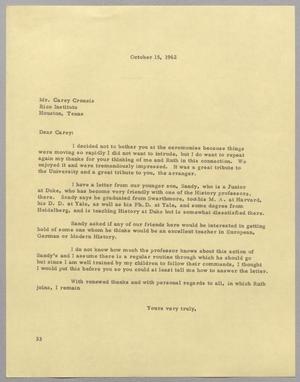 [Letter from Harris Leon Kempner to Carey Croneis, October 15, 1962]