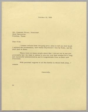 [Letter from Harris Leon Kempner to Kenneth Pitzer, October 15, 1962]