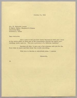 [Letter from Harris Leon Kempner to H. Malcolm Lovett, October 15, 1962]