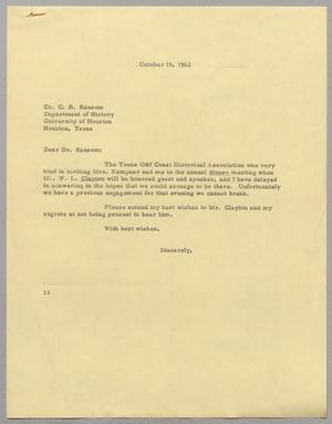 [Letter from Harris Leon Kempner to C. B. Ransom, October 15, 1962]