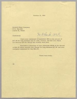 [Letter from Harris Leon Kempner to Driskill Hotel Company, October 12, 1962]