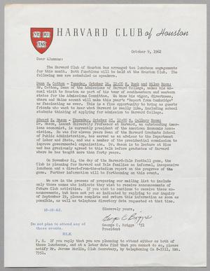 [Letter from the Harvard Club of Houston, October 9, 1962]