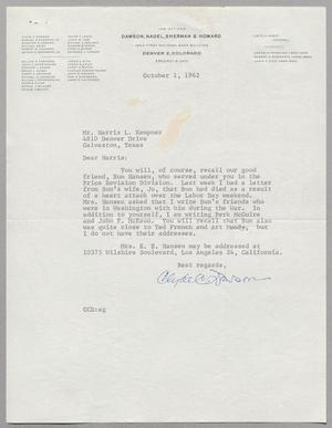 [Letter from Clyde C. Dawson to Harris L. Kempner, October 1, 1962]
