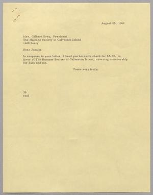 [Letter from Harris Leon Kempner to Juanita Bray, August 25, 1962]