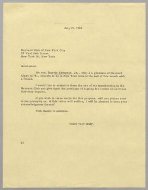 [Letter from Harris Leon Kempner to Harvard Club of New York City, July 19, 1962]