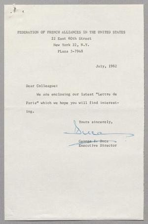 [Letter from George I. Duca to Harris Leon Kempner, July 1962]