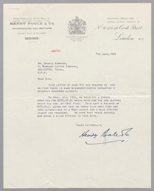 [Letter from Henry Poole & Co. to Harris Leon Kempner, June 7, 1962]