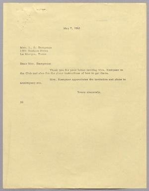 [Letter from Harris Leon Kempner to L. B. Dampman, May 7, 1962]