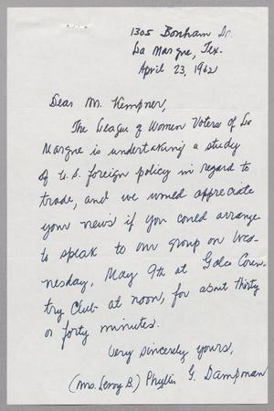 [Letter from Phyllis G. Dampman to Harris Leon Kempner, April 23, 1962]