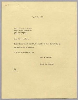 [Letter from Harris Leon Kempner to Ruth F. McCotter, April 25, 1962]