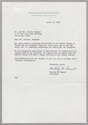 Primary view of object titled '[Letter from Dorothy M. Bement to Mr. and Mrs. Harris Kempner, April 12, 1962]'.