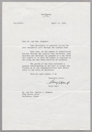 [Letter from Deryl Hart to Mr. and Mrs. Harris Leon Kempner , April 11, 1962]