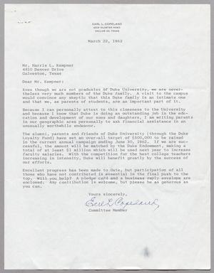 [Letter from Earl L. Copeland to Harris Leon Kempner, March 22, 1962]