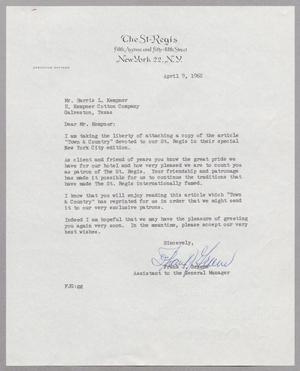 [Letter from Frank J. Greene to Harris Leon Kempner, April 9, 1962]