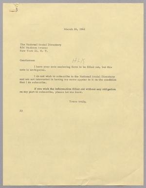 [Letter from Harris Leon Kempner to The National Social Directory, March 30, 1962]
