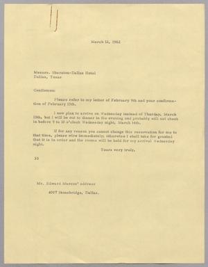 [Letter from Harris L. Kempner to the Sheraton-Dallas Hotel, March 12, 1962]
