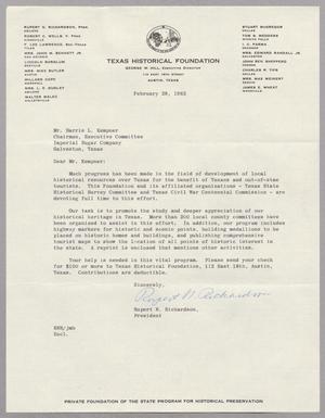 [Letter from Rupert N. Richardson to Harris Leon Kempner, February 28, 1962]
