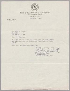 [Letter from Peter J. La Valle to Harris Leon Kempner, February 15, 1962]