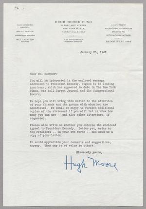 Primary view of object titled '[Letter from Hugh Moore to Mr. Kempner, January 25, 1962]'.