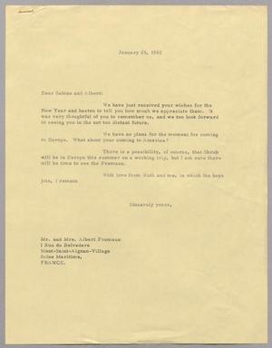 Primary view of object titled '[Letter from Harris Leon Kempner to Sabine and Albert, January 25, 1962]'.