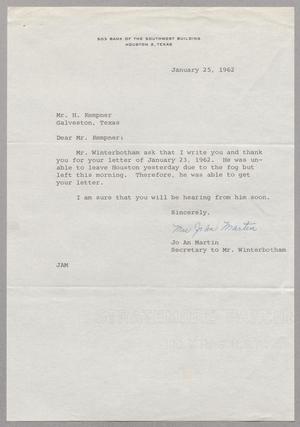 [Letter from Ho An Martin to Harris Leon Kempner, January 25, 1962]