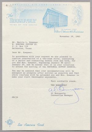 Primary view of object titled '[Letter from Al Bourgeois to Harris Leon Kempner, November 16, 1961]'.