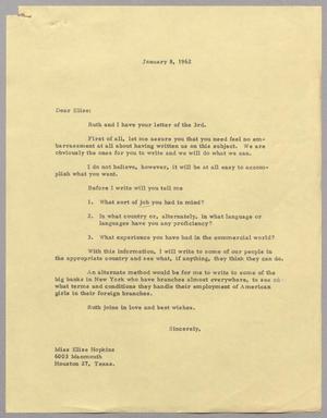 [Letter from Harris Leon Kempner to Miss Elise Hopkins, January 8, 1962]