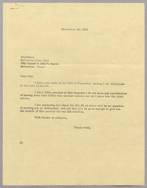 [Letter from Harris Leon Kempner to Galveston Boat Club, November 30, 1962]