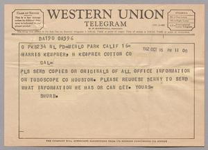 [Telegram from Harris L. Kempner Jr. to Harris L. Kempner, October 16, 1962]