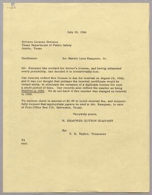[Letter from T. E. Taylor to Drivers License Division, July 10, 1962]