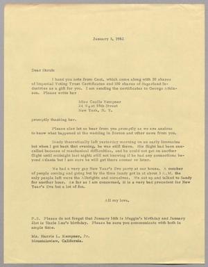 Primary view of object titled '[Letter from Harris Leon Kempner to Shrub, January 3, 1962]'.